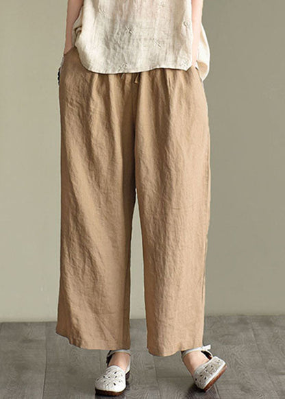 Loose Dark Khaki Elastic Waist Drawstring Linen Wide Leg Pants Spring