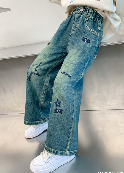 Loose Denim Blue Embroideried Elastic Waist Wide Leg Pants