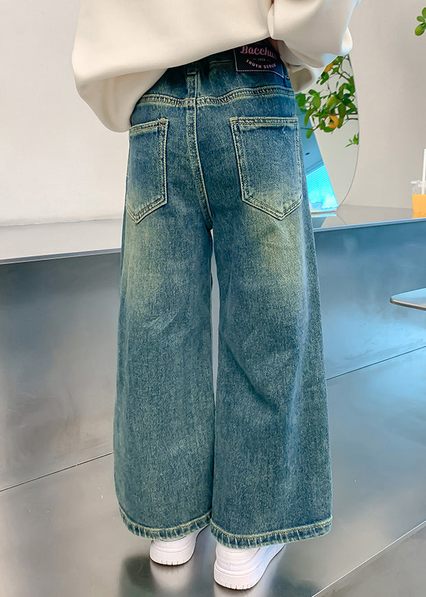 Loose Denim Blue Embroideried Elastic Waist Wide Leg Pants