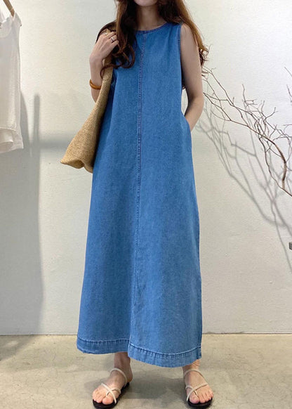 Loose Denim Blue O-neck Patchwork Cozy Holiday Long Dress Summer