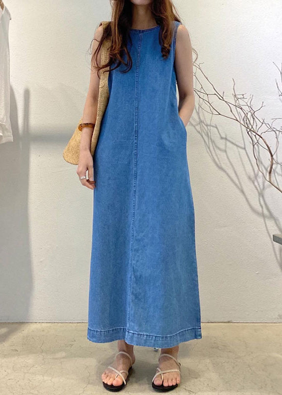 Loose Denim Blue O-neck Patchwork Cozy Holiday Long Dress Summer