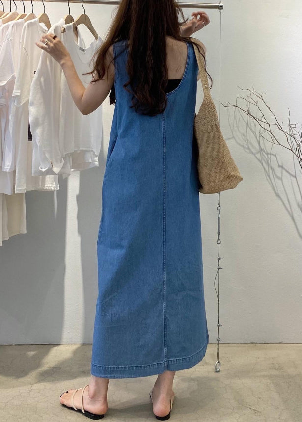 Loose Denim Blue O-neck Patchwork Cozy Holiday Long Dress Summer