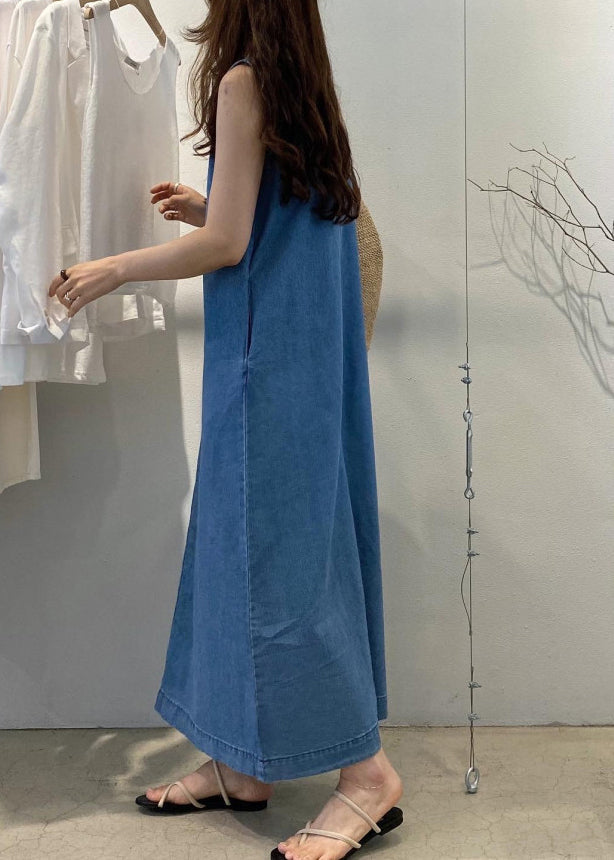 Loose Denim Blue O-neck Patchwork Cozy Holiday Long Dress Summer