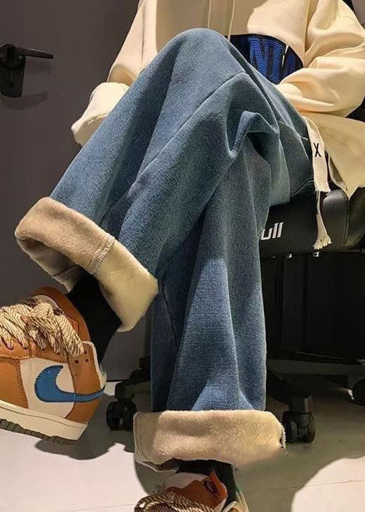 Loose Denim Blue Original Design Elastic Waist Warm Fleece Pants Spring
