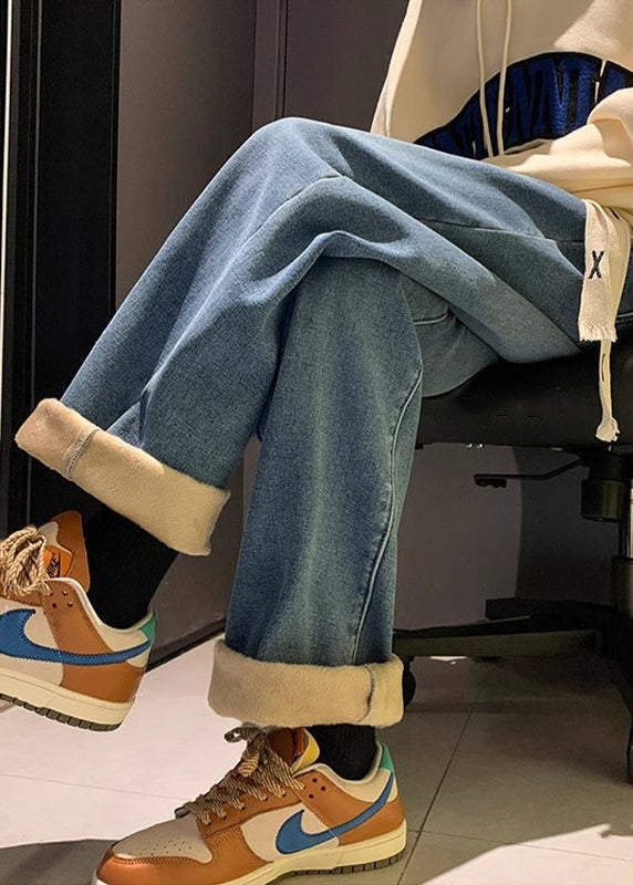 Loose Denim Blue Original Design Elastic Waist Warm Fleece Pants Spring