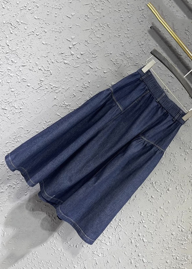 Loose Denim Blue Patchwork Button Elastic Waist a Line Skirt