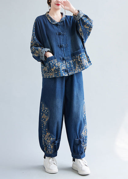 Loose Denim Blue Peter Pan Collar Print Coats and Lantern Pants Two Pieces Set Spring