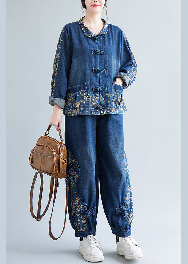 Loose Denim Blue Peter Pan Collar Print Coats and Lantern Pants Two Pieces Set Spring