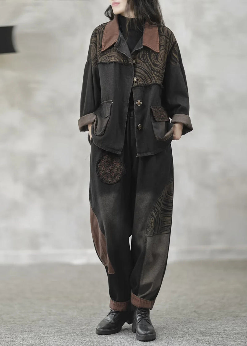 Loose Denim Blue Print Patchwork Coats and Harem Pants Two Pieces Set Fall