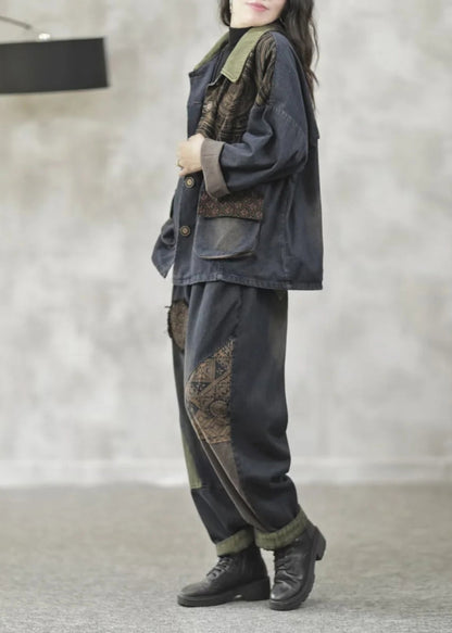 Loose Denim Blue Print Patchwork Coats and Harem Pants Two Pieces Set Fall