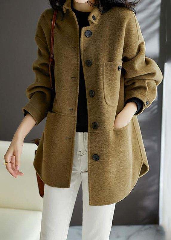 Loose Earthy Yellow Button Pockets Patchwork Woolen Coats Fall