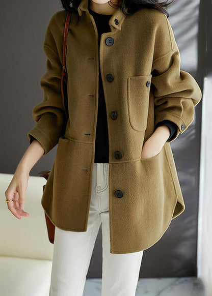 Loose Earthy Yellow Button Pockets Patchwork Woolen Coats Fall