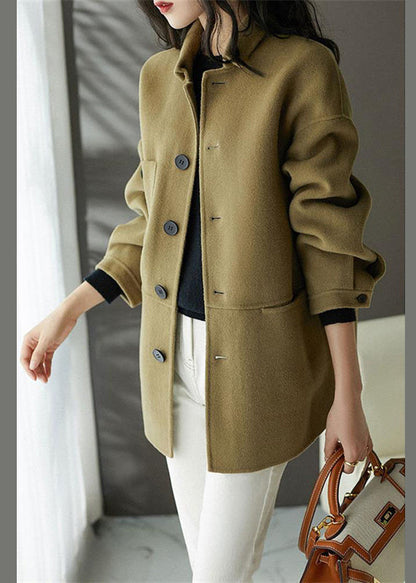 Loose Earthy Yellow Button Pockets Patchwork Woolen Coats Fall