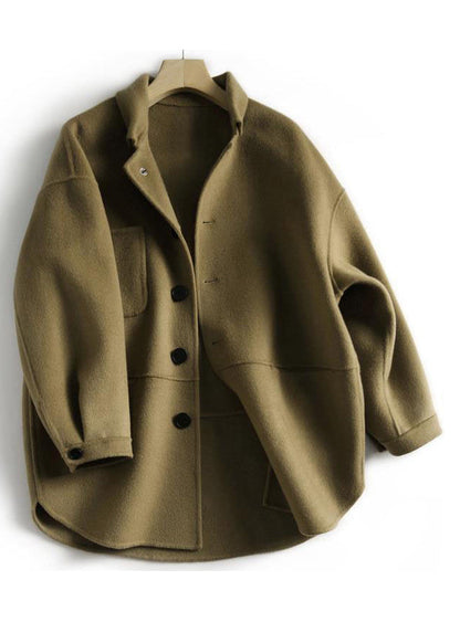 Loose Earthy Yellow Button Pockets Patchwork Woolen Coats Fall