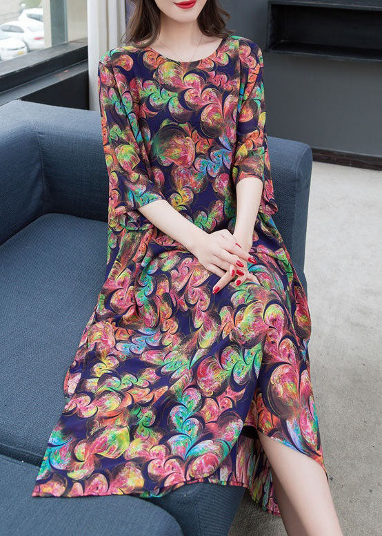 Loose O-neck Side Open Patchwork Chiffon Long Dresses Summer