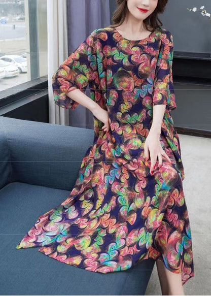 Loose O-neck Side Open Patchwork Chiffon Long Dresses Summer