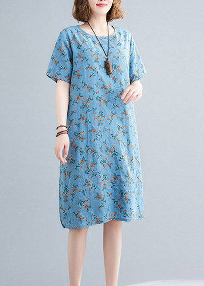 Loose Flower Number Two O-neck Print Linen Mid Dress Short Sleeve
