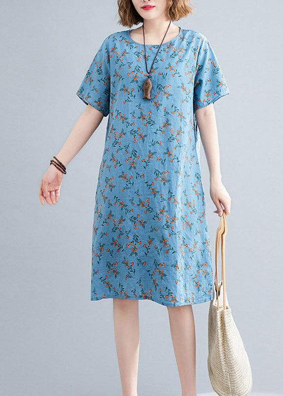 Loose Flower Number Two O-neck Print Linen Mid Dress Short Sleeve