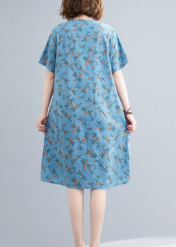 Loose Flower Number Two O-neck Print Linen Mid Dress Short Sleeve