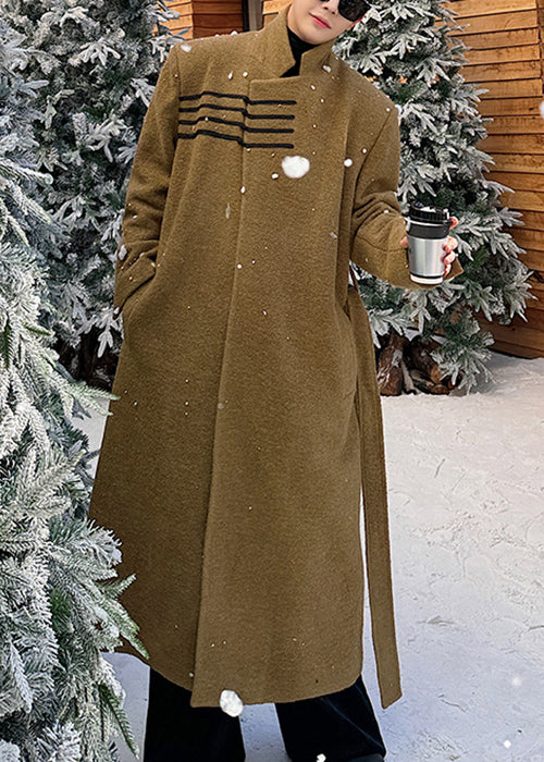 Loose Ginger Yellow Stand Collar Pockets Woolen Coats Winter