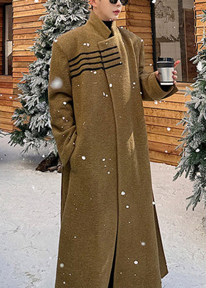 Loose Ginger Yellow Stand Collar Pockets Woolen Coats Winter
