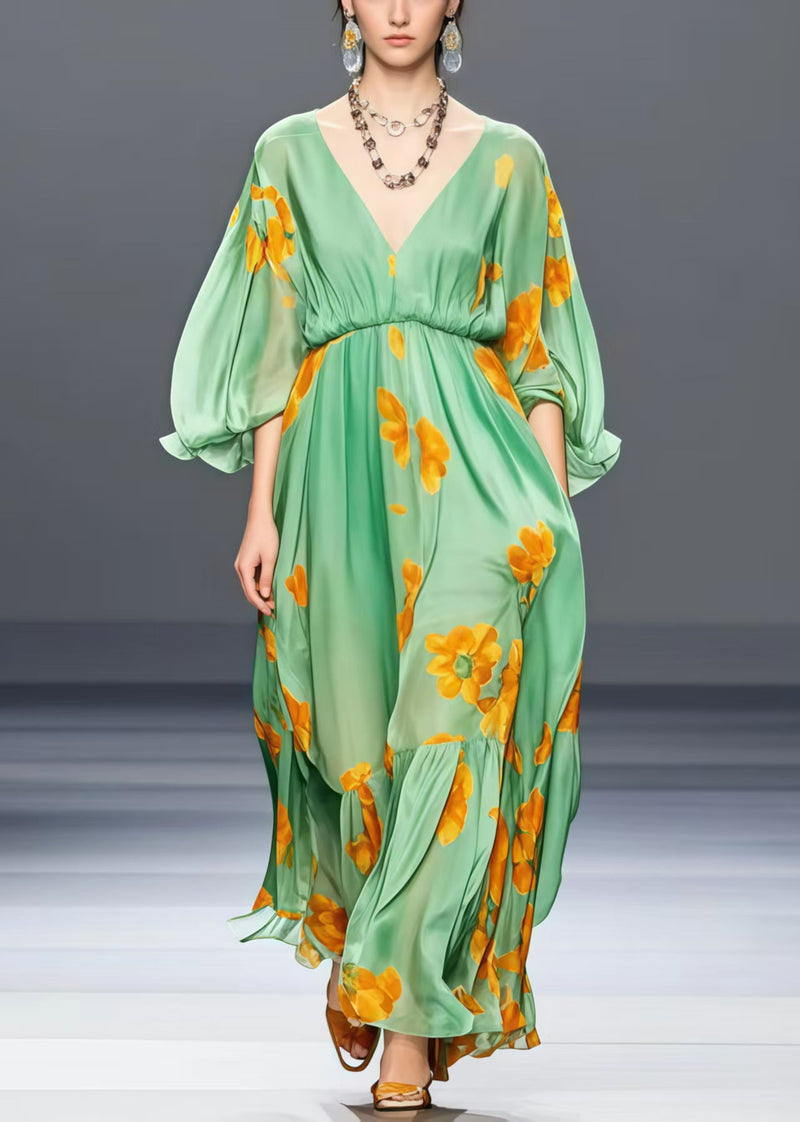 Loose Grass Green V Neck Silk Long Dress Lantern Sleeve