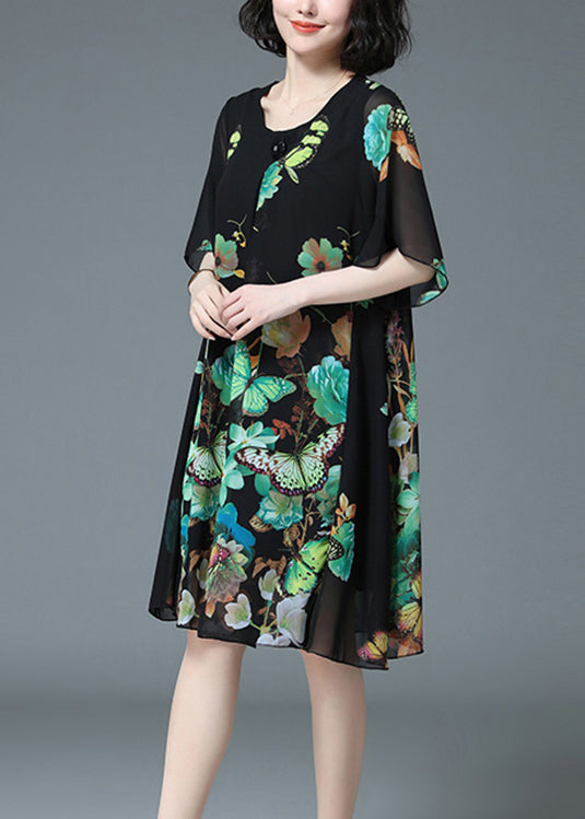 Loose Green Butterfly Print O-neck Chiffon Dress Half Sleeve