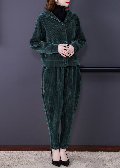 Loose Green Button Hooded Corduroy Coats and Harem Pants Two Pieces Set Long Sleeve