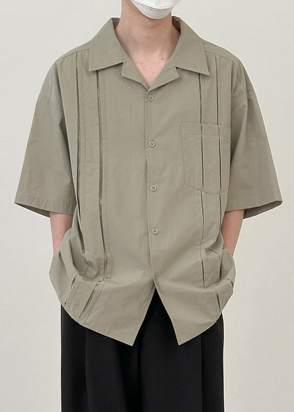 Loose Green Button Pockets Cotton Shirts Half Sleeve