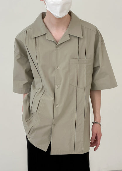 Loose Green Button Pockets Cotton Shirts Half Sleeve