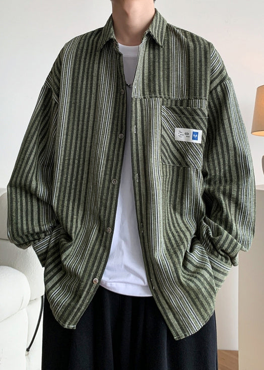 Loose Green Button Striped Pockets Cotton Shirts Spring