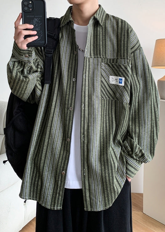 Loose Green Button Striped Pockets Cotton Shirts Spring