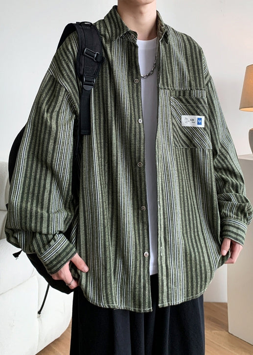 Loose Green Button Striped Pockets Cotton Shirts Spring