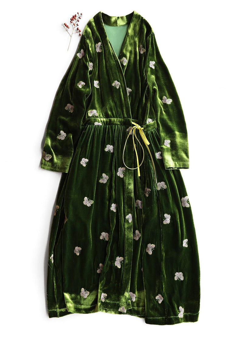 Loose Green Print Butterfly Lace Up Silk Velvet Long Dress Spring