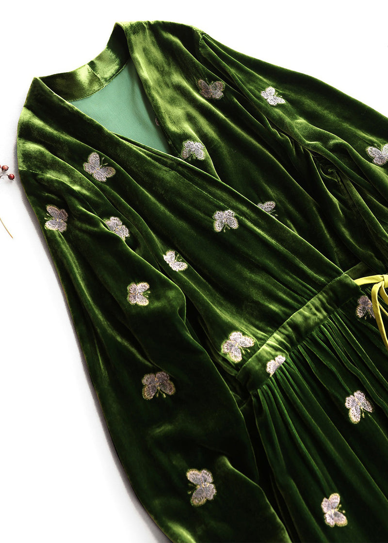 Loose Green Print Butterfly Lace Up Silk Velvet Long Dress Spring