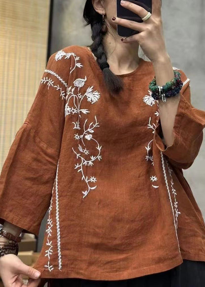 Loose Green Embroidered Low High Design Linen Top Bracelet Sleeve