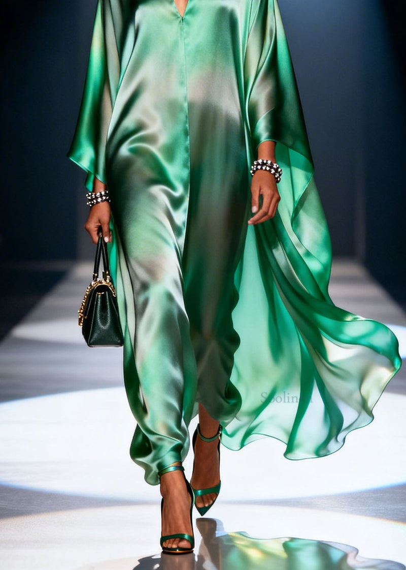 Loose Green Gradient V Neck Chiffon Dresses Summer