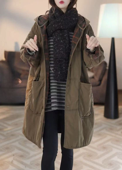 Loose Green Hooded Button Pockets Parkas Winter