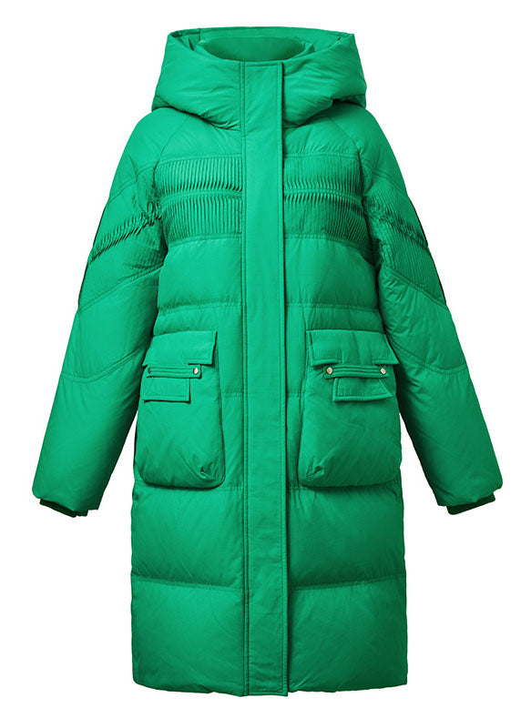 Loose Green Hooded Wrinkled Silk Cotton Blend Coat Winter