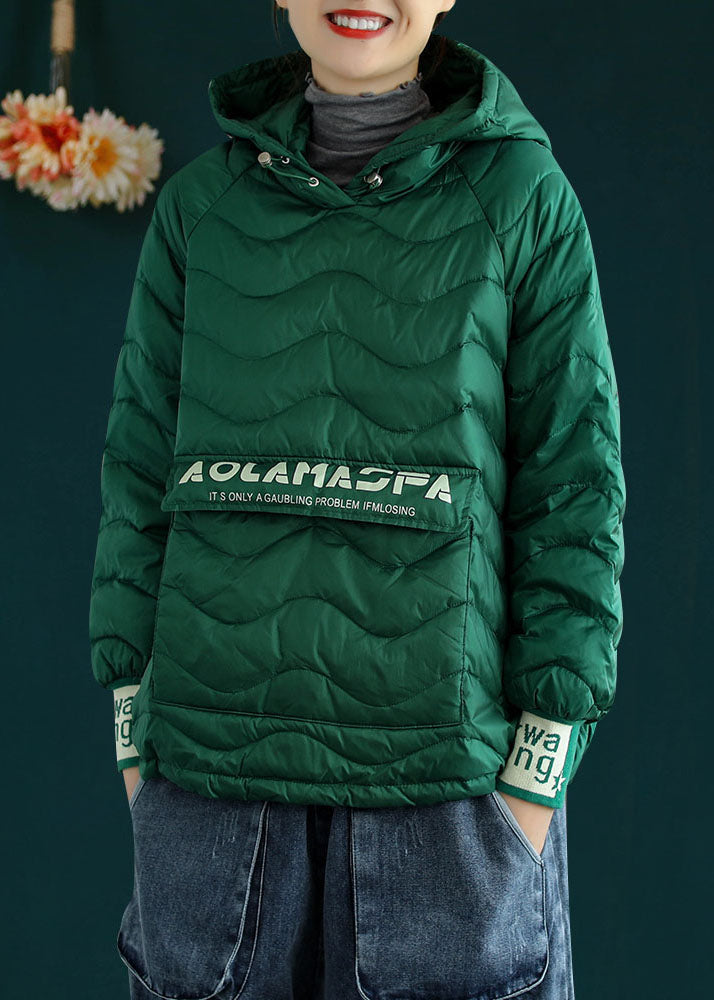 Loose Green Hooded Drawstring Duck Down Sweatshirt Winter Down Coat