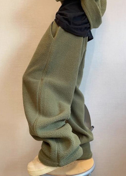 Loose Green Lace Up Elastic Waist Teddy Faux Fur Pants Winter