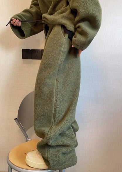 Loose Green Lace Up Elastic Waist Teddy Faux Fur Pants Winter