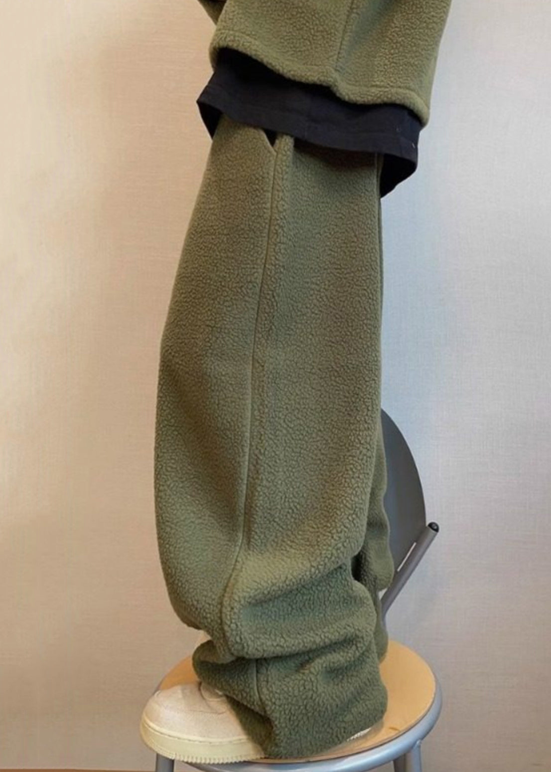 Loose Green Lace Up Elastic Waist Teddy Faux Fur Pants Winter