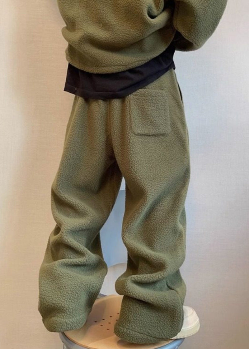 Loose Green Lace Up Elastic Waist Teddy Faux Fur Pants Winter