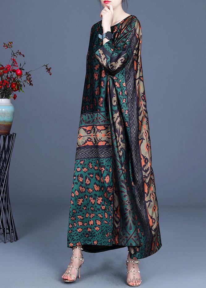Loose Green Leopard Long Sleeve Chiffon Holiday Dress Summer Spring