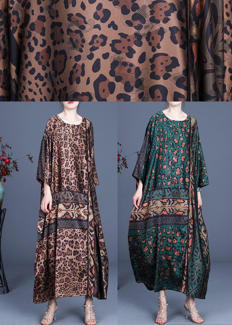 Loose Green Leopard Long Sleeve Chiffon Holiday Dress Summer Spring