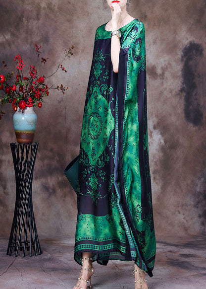 Loose Green O-neck Asymmetrical Design Print Silk Beach Dress Gown Batwing Sleeve