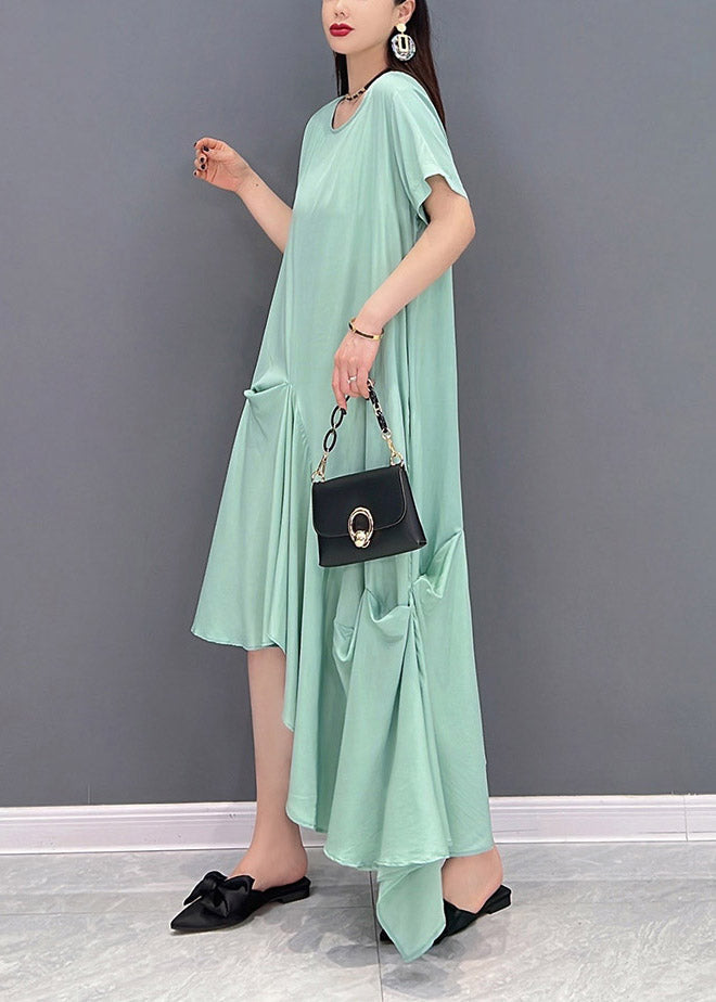 Loose Green O-neck Asymmetrical Pockets Dress Short Sleeve
