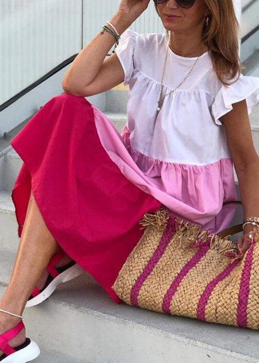 Loose Green O Neck Patchwork Cotton Dresses Summer