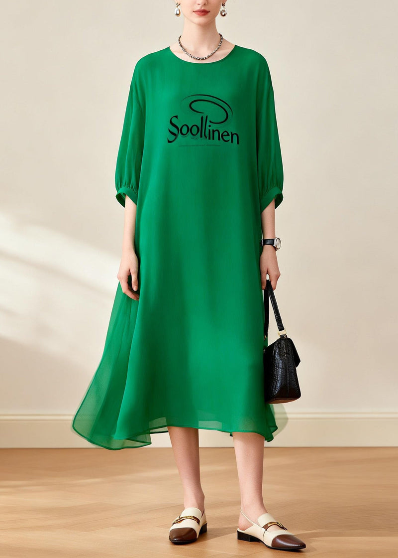 Loose Green O Neck Print Chiffon Dress Summer